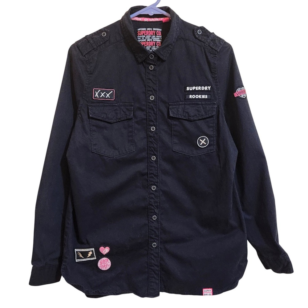 Superdry Rookies Military Shirt Women Size M Black Pink Patch Utility Button Up